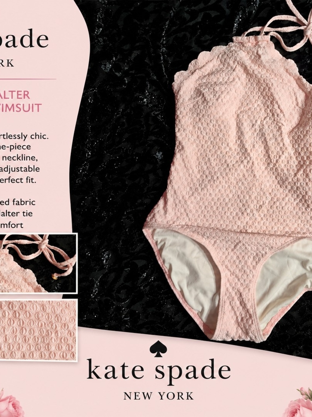 Beautiful Kate Spade New York one-piece swimsuit in a soft baby pink textured